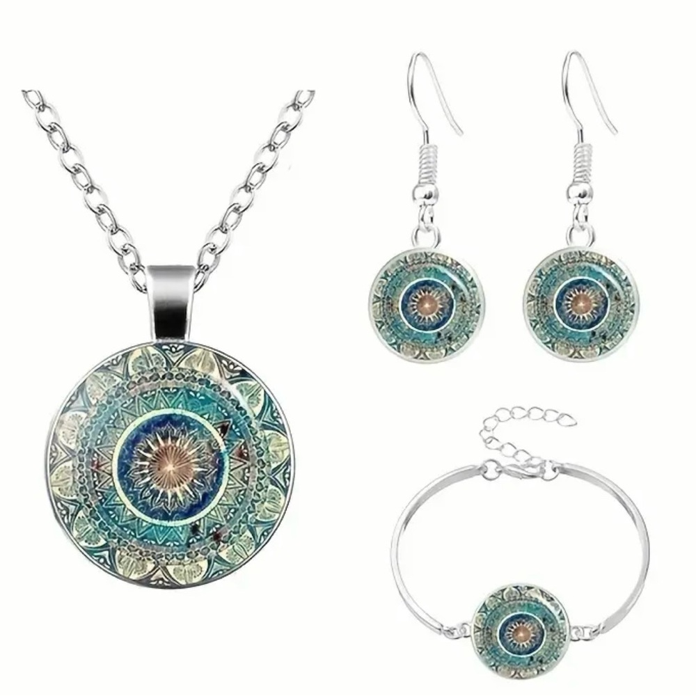 Bohemian Mandala Jewelry Set in Blue and Silver